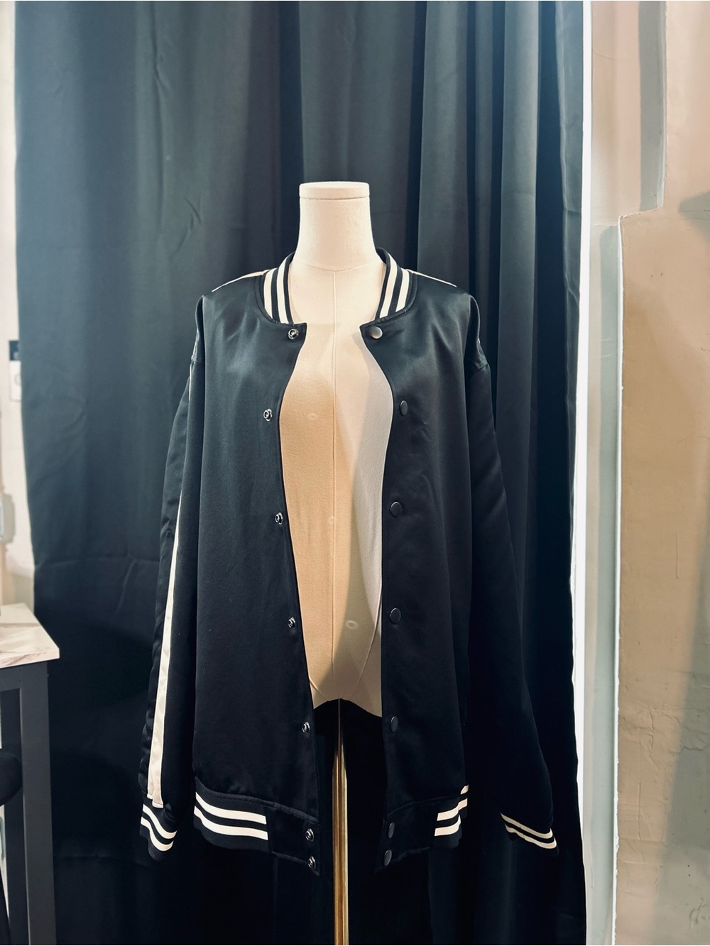Five Four Black Varsity Jacket with White Stripe Trim